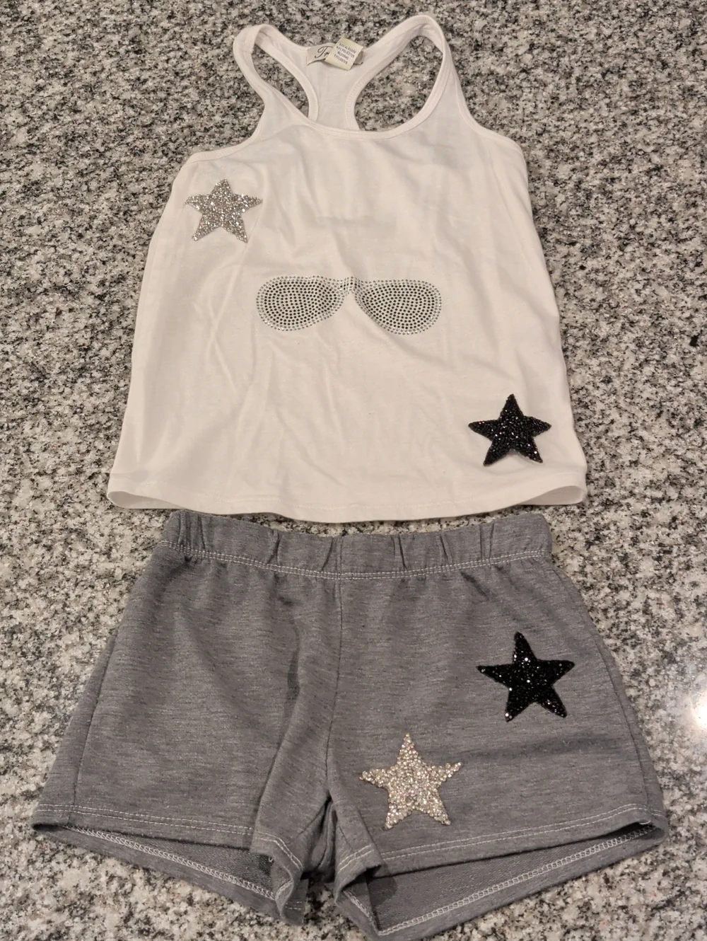 Trac White Tank & Gray Shorts Set with Glitter Star Accents